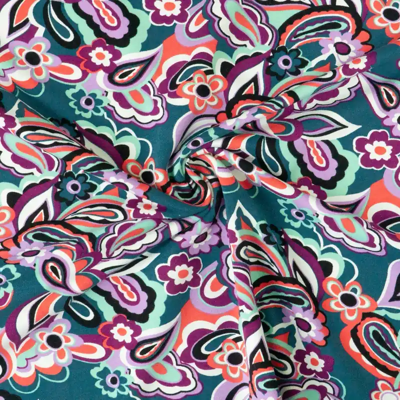 French Terry, petrol, mint, flieder, koralle, Paisley-Muster, florale Motive Mengenrabatt