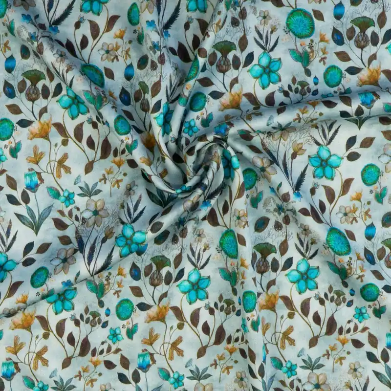 Elastischer Viskosestoff, blautöne, türkis, grün, florale Motive Exklusiv
