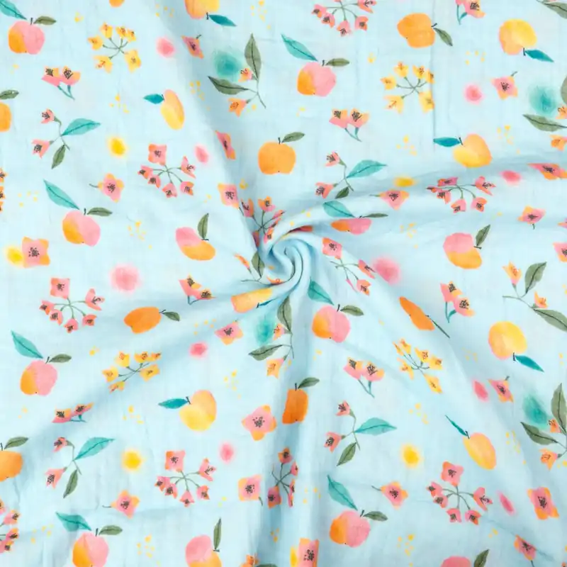 Baumwollstoff, Musselin, hellblau, rosatöne, orange, grün, florale Motive, Früchte Heute Kaufen