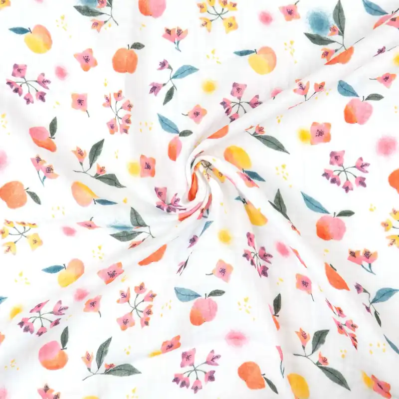 Baumwollstoff, Musselin, weiß, rosatöne, orange, grün, florale Motive, Früchte Kostenloser Versand
