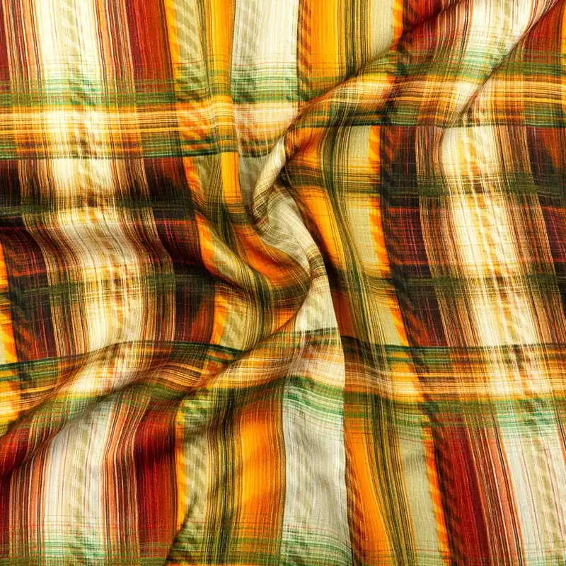 Meistverkauft Viskosestoff, Satin, orange, creme, schwarz, grüntöne, abstrakt gemustert, leicht gecrasht