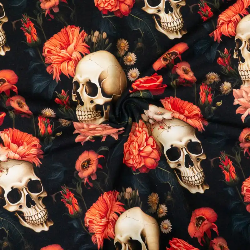 French Terry, schwarz, apricot, rosé, florale Motive Sale