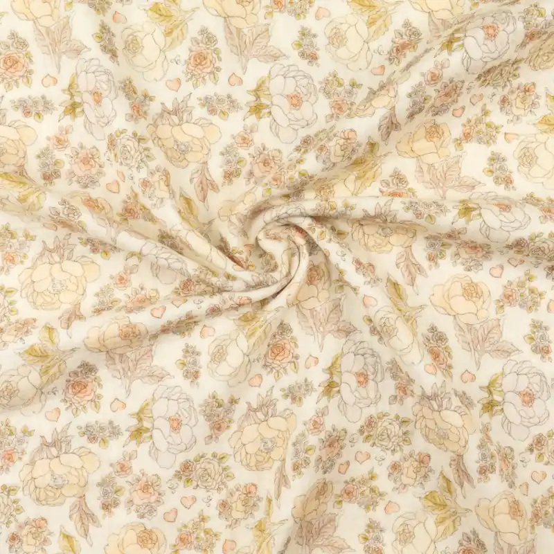 Neu Baumwollstoff, Musselin, cremetöne, pfirsich, florale Motive