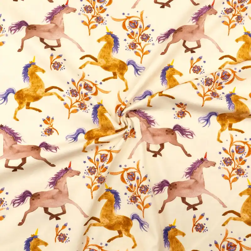 Neu Baumwolljersey, vanille, brauntöne, lila, Kindermotive – Tiere