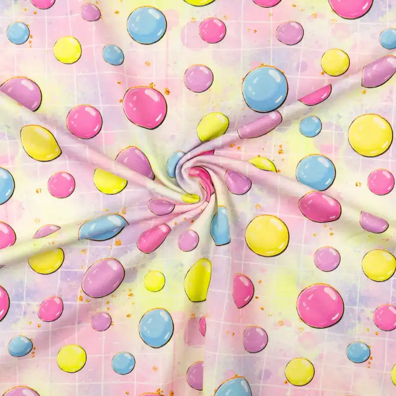 Baumwolljersey, rosa, lila hell, gelb, blau, Kindermotive – gemustert Preisreduziert