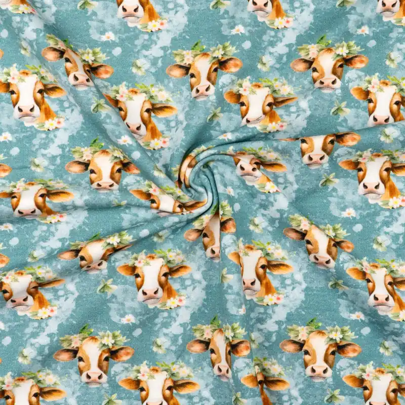 French Terry, blaugrau, braun, grün, Tiermotive Kostenloser Versand