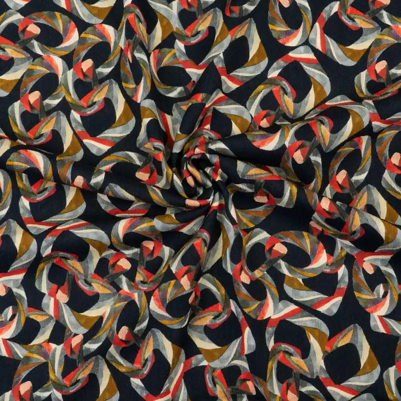 Viskosestoff, Crêpe, schwarz, rot, grautöne, beige, leicht gecrasht, abstrakt gemustert, Jewellery Handgefertigt