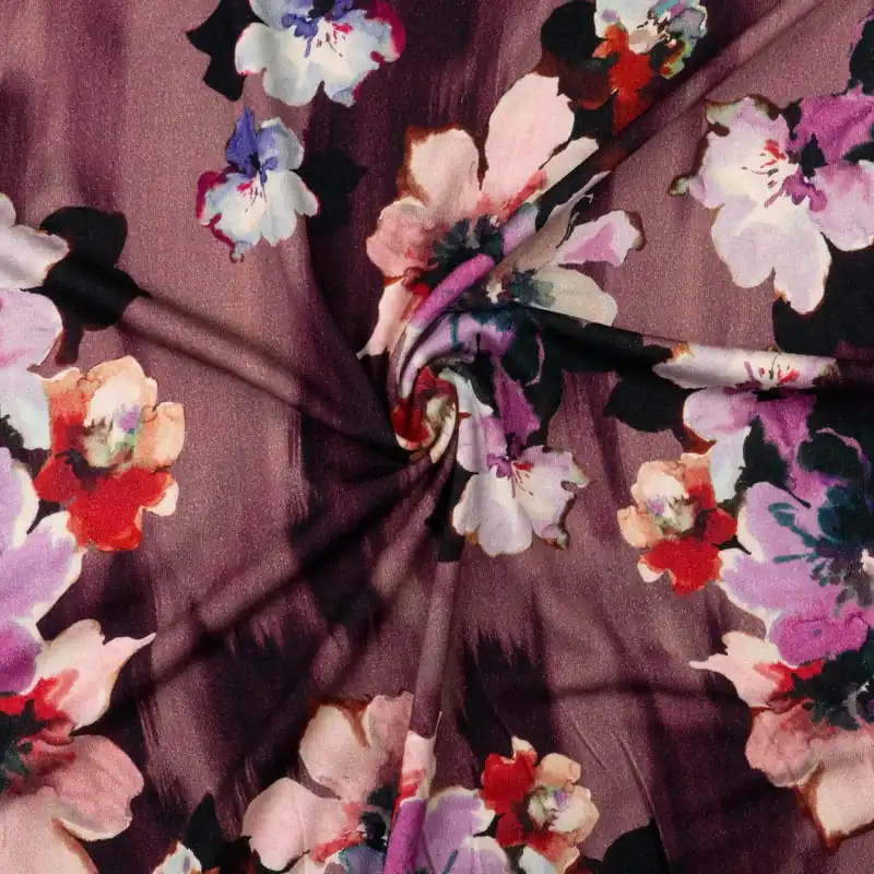 Markenprodukt Viskosejersey, lilatöne, türkis, blautöne, florale Motive