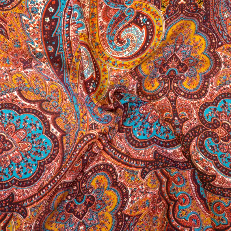 Seidenstoff, Crêpe de Chine, rottöne, dunkelgelb, blautöne, ornamental gemustert Aktuell