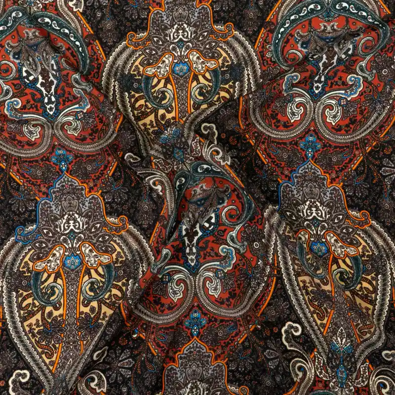 Sale Seidenstoff, Crêpe de Chine, schwarz, rost, beige, orange, ornamental gemustert