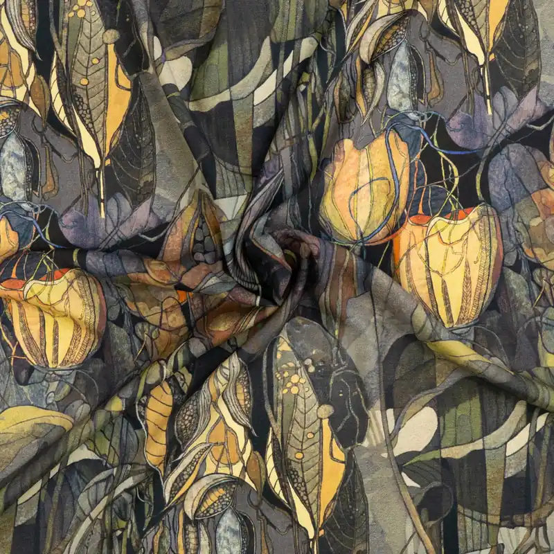 Seidenstoff, Crêpe-Satin, orange, grautöne, brauntöne, florale Motive Aktuell