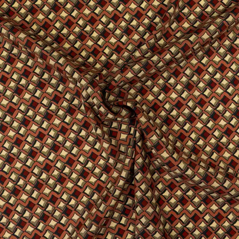 Elastischer Seidenstoff, Crêpe-Satin, ziegelrot, grüntöne, grafisch gemustert Nur Heute