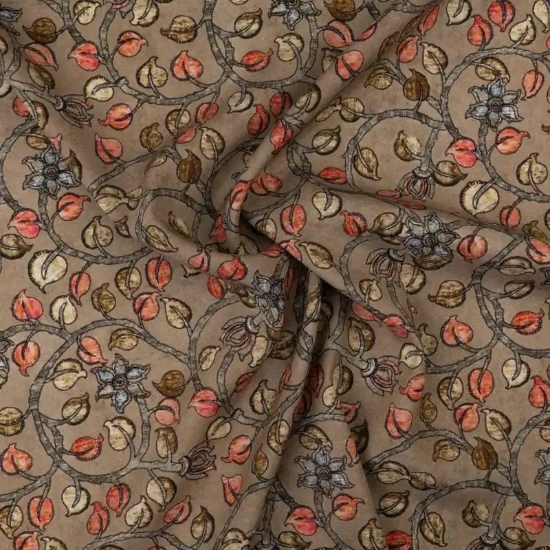 Kracherpreis Elastischer Seidenstoff, Crêpe-Satin, taupe hell, rot, brauntöne, floral gemustert