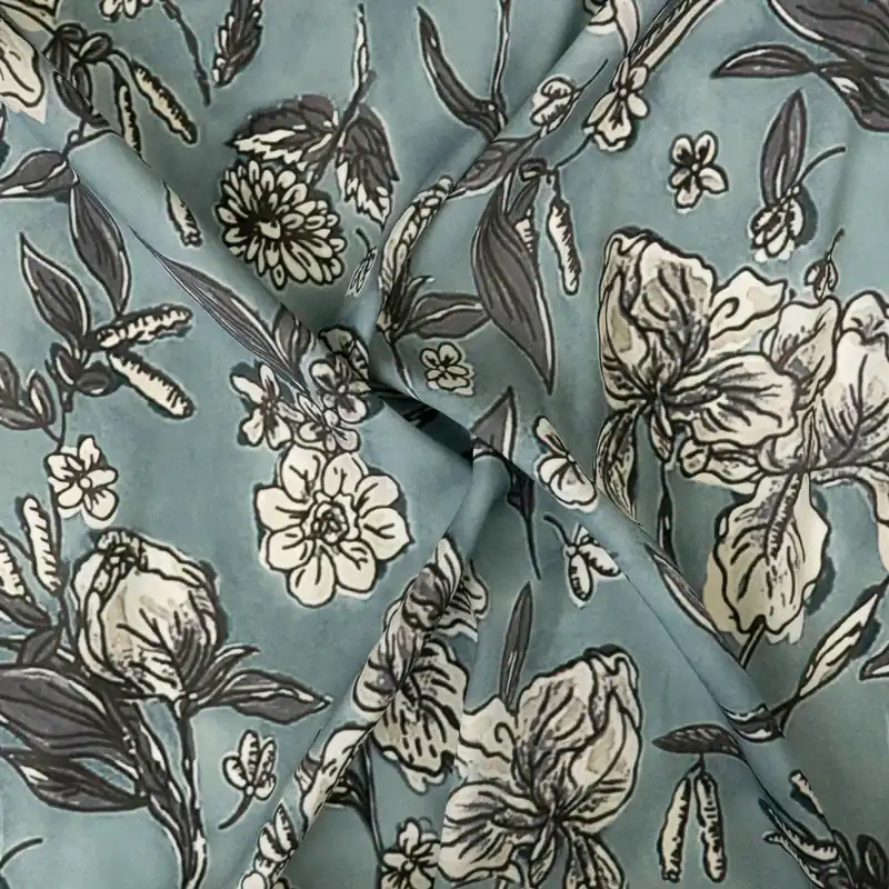 Sofort Bestellen Elastischer Seidenstoff, Crêpe-Satin, blaugrau, grautöne, florale Motive
