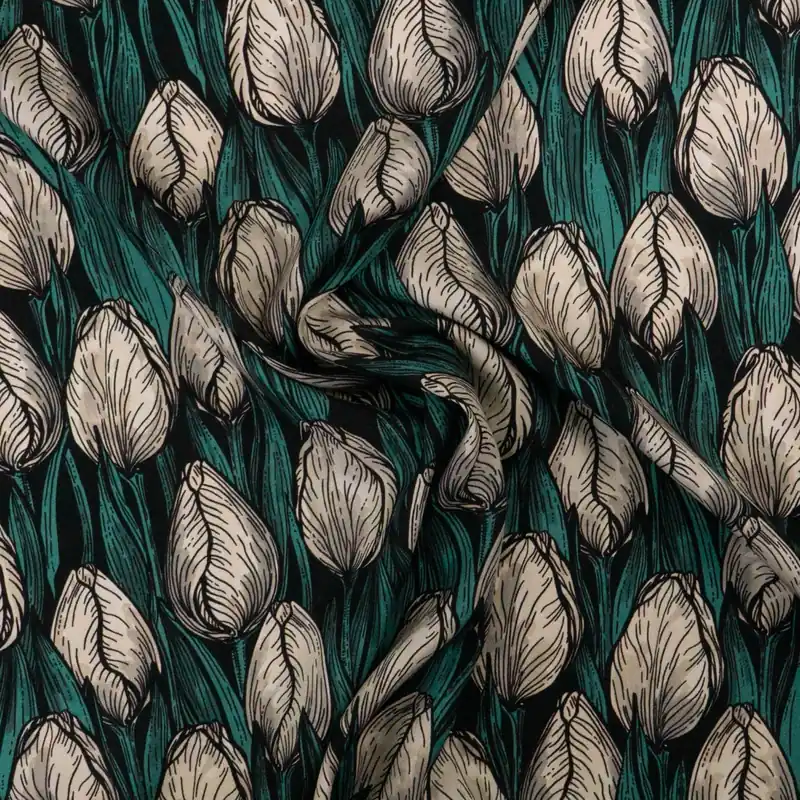 Highlight Elastischer Seidenstoff, Crêpe-Satin, schwarz, petrol, creme, florale Motive