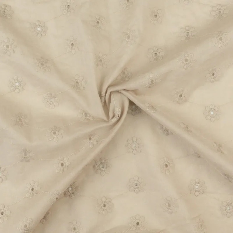 Bestickter Baumwollstoff, Batist, beigegrau, Lochstickerei, floral gemustert Finale Aktion