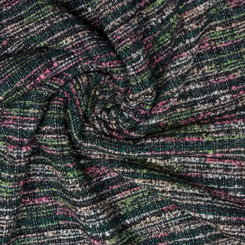 Großhandel Bouclé, Buntgewebe, schwarzblau, rosa, grün, Glanzeffekt, Webstruktur