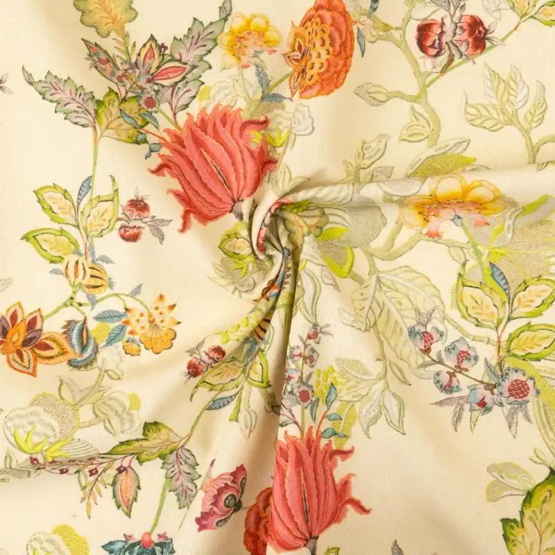 Dekostoff, Panama, beigebraun, rottöne, grüntöne, Paisleyblüten Hochwertig