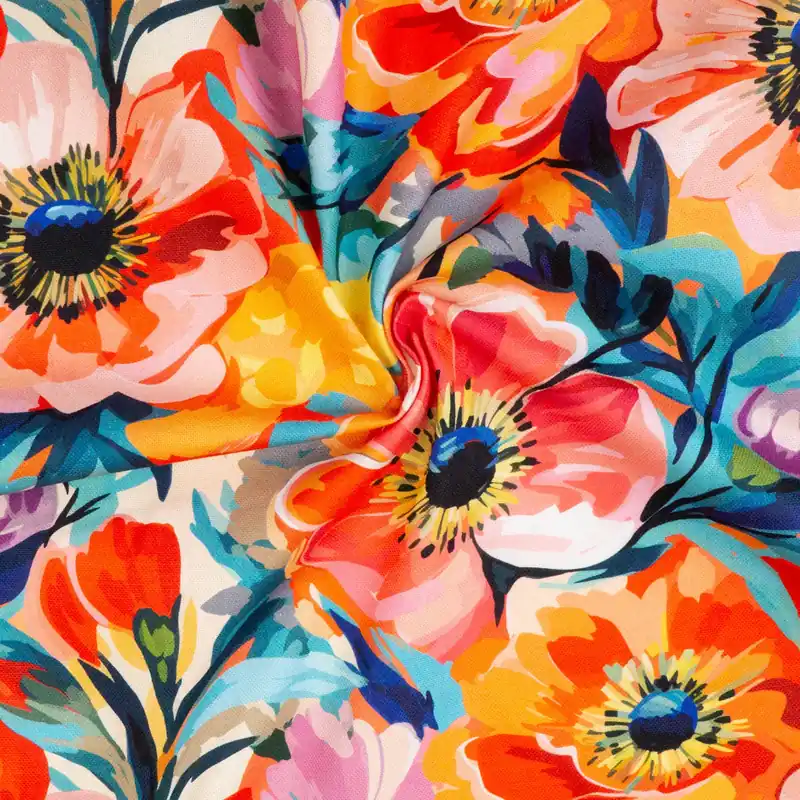 Zertifiziert Dekostoff, Panama, blautöne, rottöne, grüntöne, florale Motive