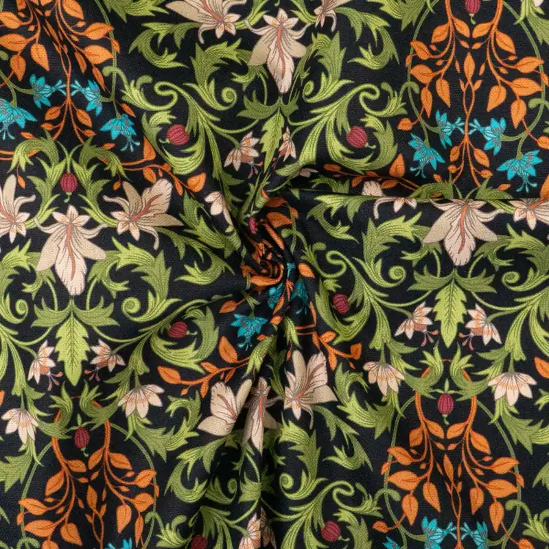 Top-Angebot Dekostoff, Panama, schwarz, grüntöne, orange, floral gemustert