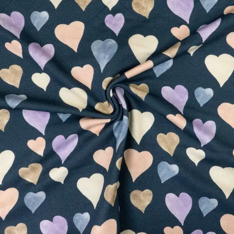 Garantierte Lieferung French Terry, dunkelblau, rosa, flieder, abstrakt gemustert