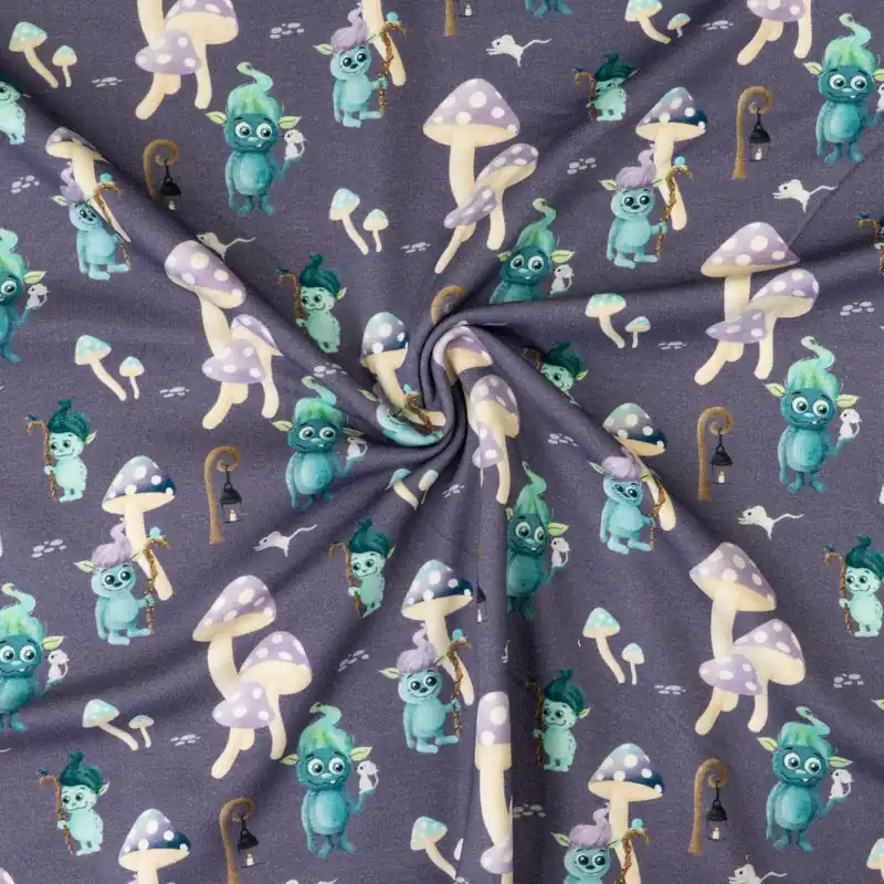 French Terry, lila, blautöne, braun, Kindermotive – Figuren Im Trend