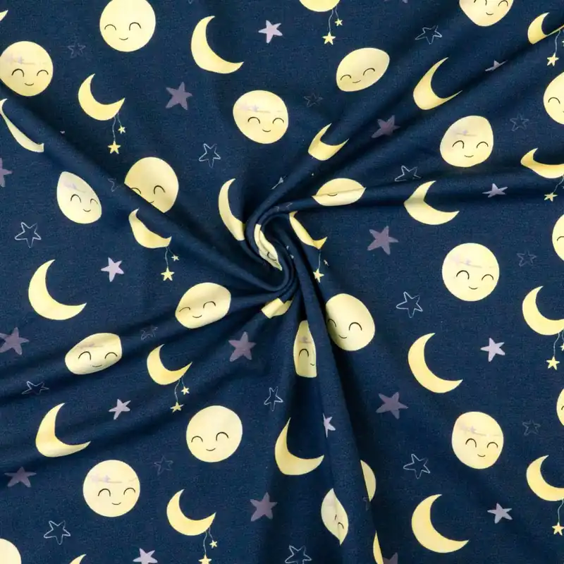 Baumwolljersey, dunkelblau, gelb, Kindermotive – Figuren Ausverkauf