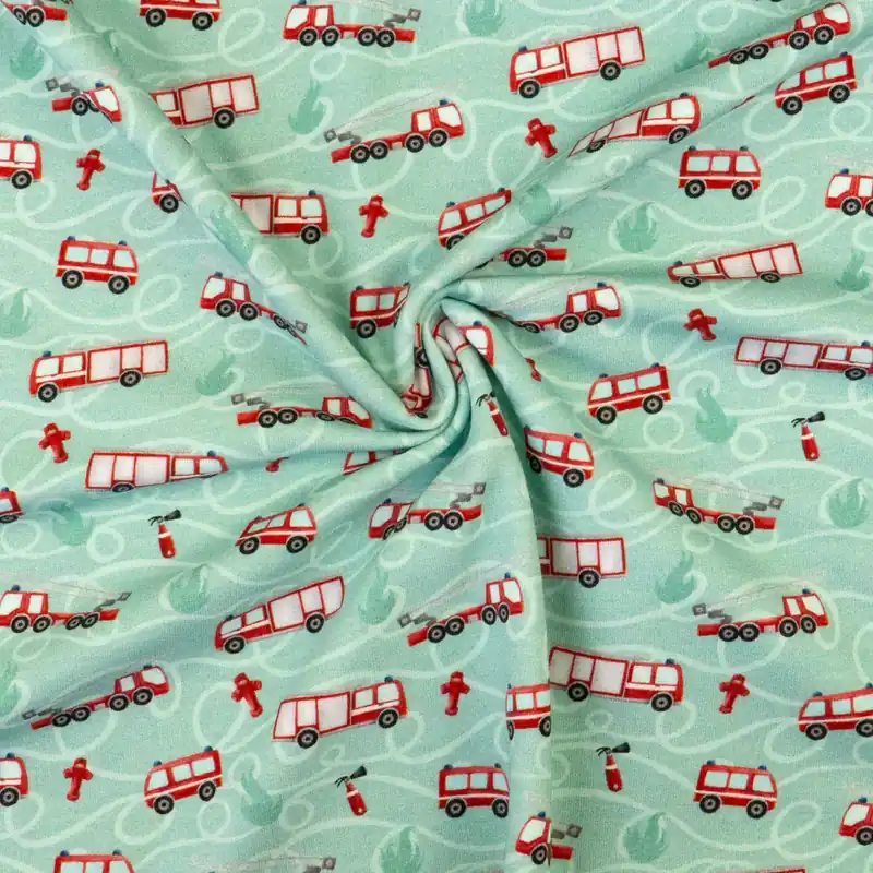 French Terry, grünblau, rot, Kindermotive – Fahrzeuge Beliebt