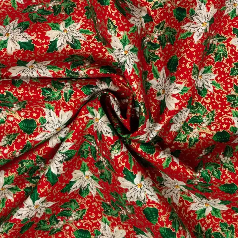 Baumwollstoff, Popeline, rot, gold, Glanzeffekt, Weihnachtsmotive Preis Gesenkt