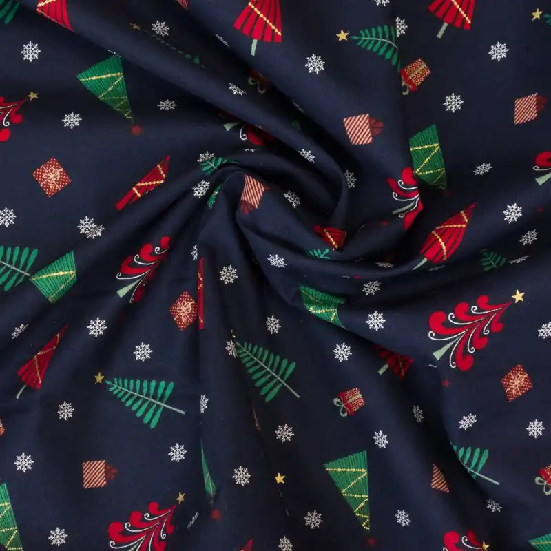 Mengenrabatt Baumwollstoff, Popeline, dunkelblau, grün, rot, weiß, Glanzeffekt, Weihnachtsmotive