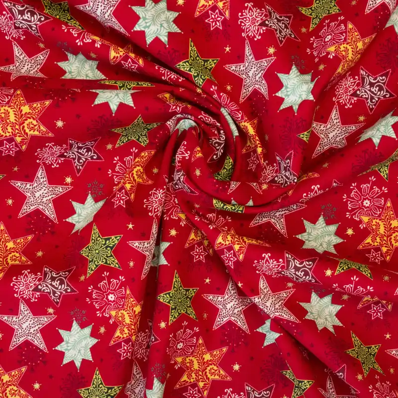 Baumwollstoff, Popeline, rot, gelb, weiß, grüntöne, Glanzeffekt, Weihnachtsmotive Ausverkauf