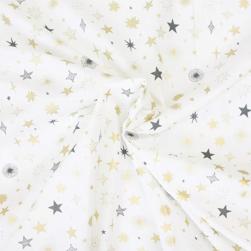 Top-Qualität Baumwollstoff, Popeline, weiß, gold, grau, Glanzeffekt, Weihnachtsmotive