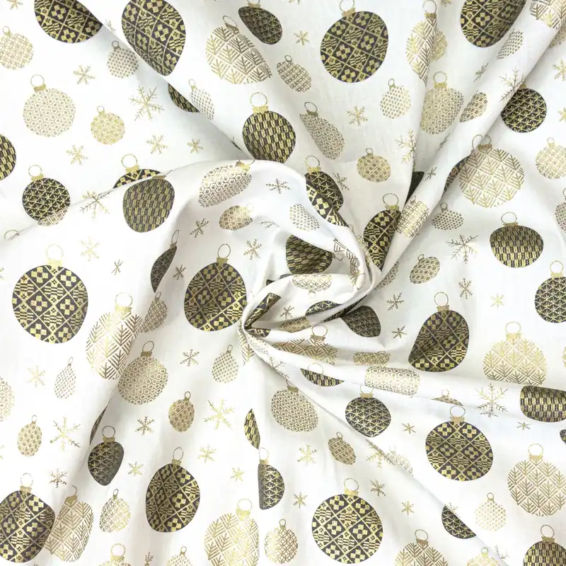 Ausverkauf Baumwollstoff, Popeline, offwhite, dunkelgrau, gold, Glanzeffekt, Weihnachtsmotive