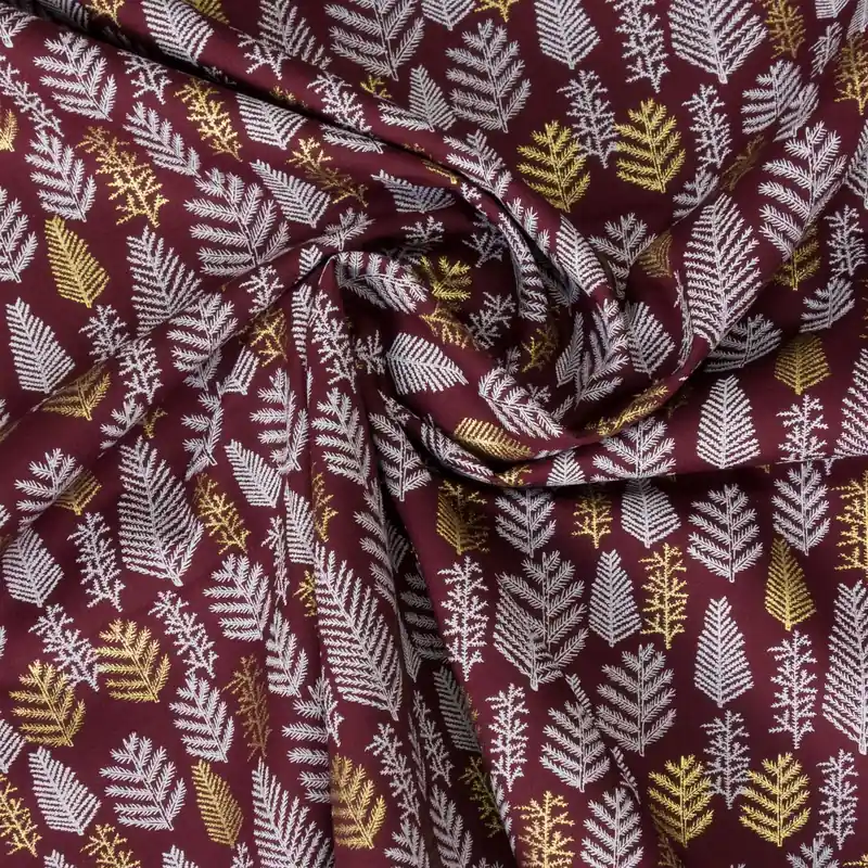 Hochwertig Baumwollstoff, Popeline, bordeaux, weiß, gold, Glanzeffekt, Weihnachtsmotive