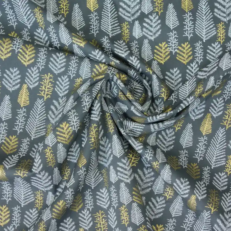 Baumwollstoff, Popeline, grau, weiß, gold, Glanzeffekt, Weihnachtsmotive Original