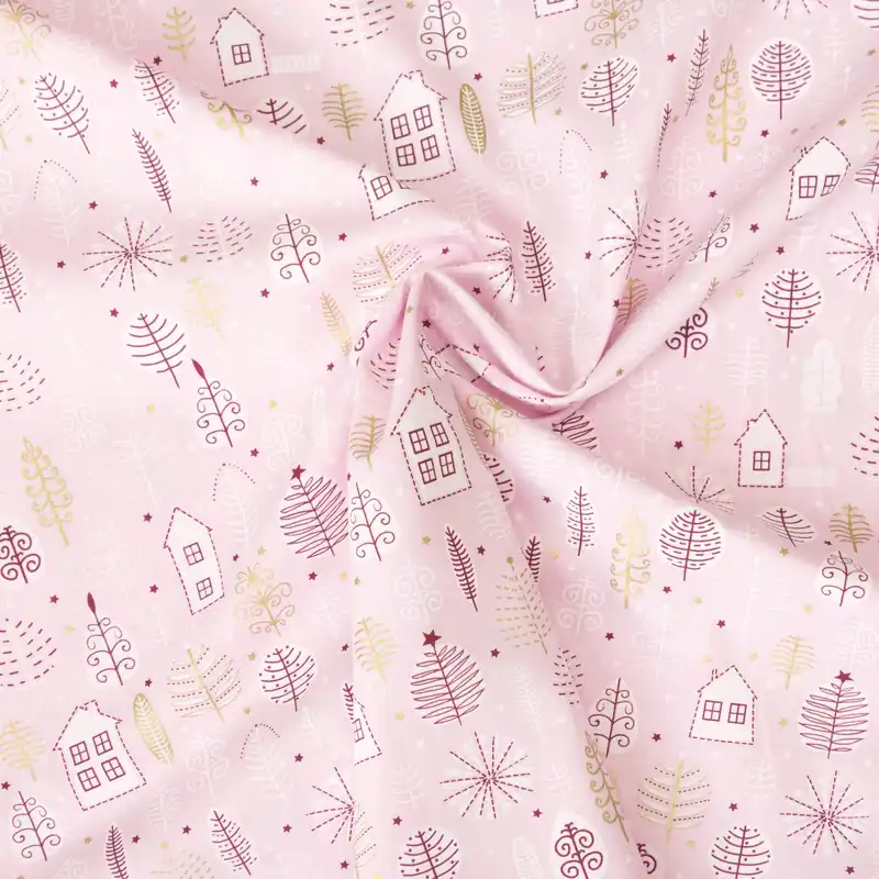 Handgefertigt Baumwollstoff, Popeline, rosa, bordeaux, weiß, gold, Glanzeffekt, Weihnachtsmotive