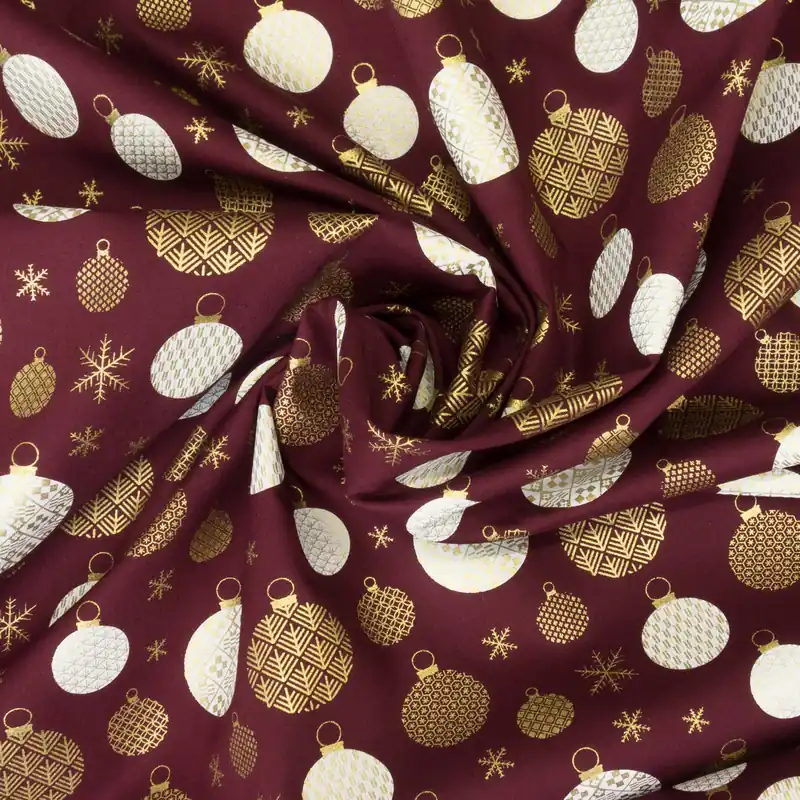 Baumwollstoff, Popeline, bordeaux, gold, weiß, Glanzeffekt, Weihnachtsmotive Echt