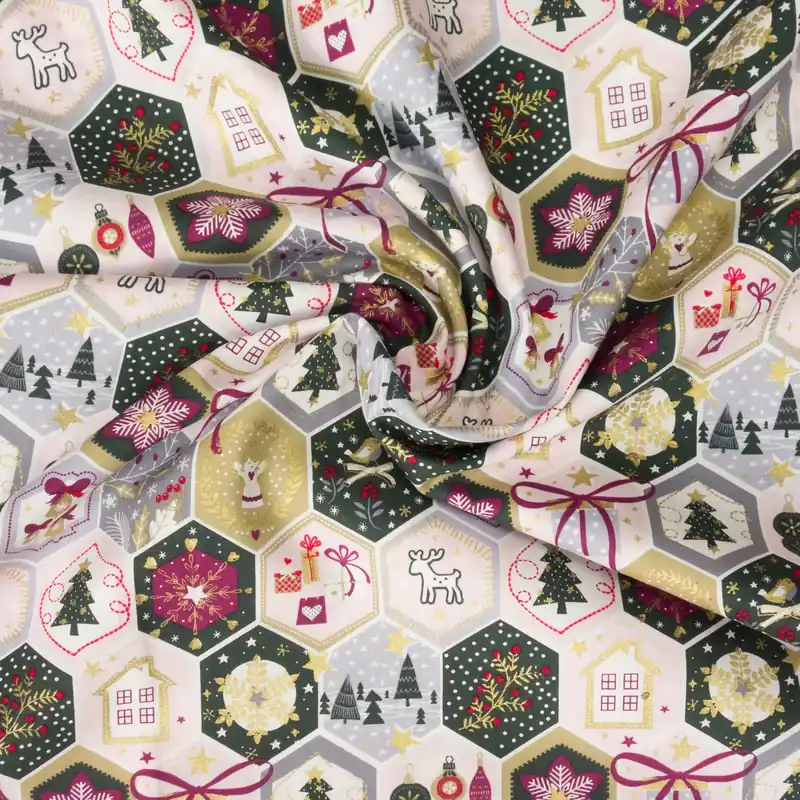 Baumwollstoff, Popeline, rosa, beere, gold, dunkelgrün, Glanzeffekt, Weihnachtsmotive Gratis Versand