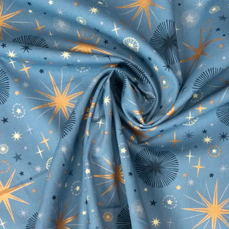 Jetzt Kaufen Baumwollstoff, Popeline, blautöne, weiß, gold, Glanzeffekt, Weihnachtsmotive