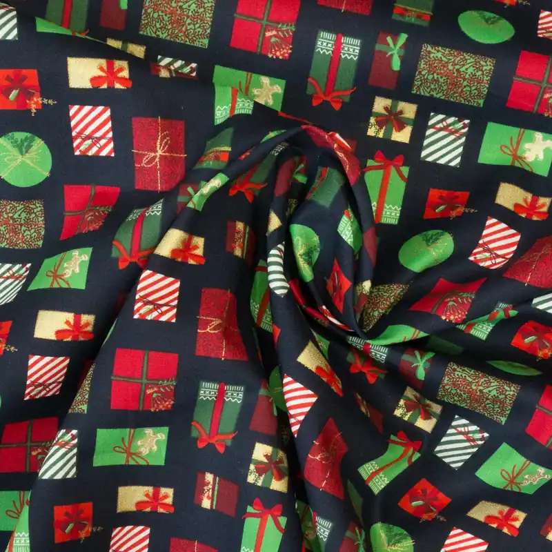 Baumwollstoff, Popeline, dunkelblau, rot, gold, dunkelgrün, Weihnachtsmotive Abverkauf