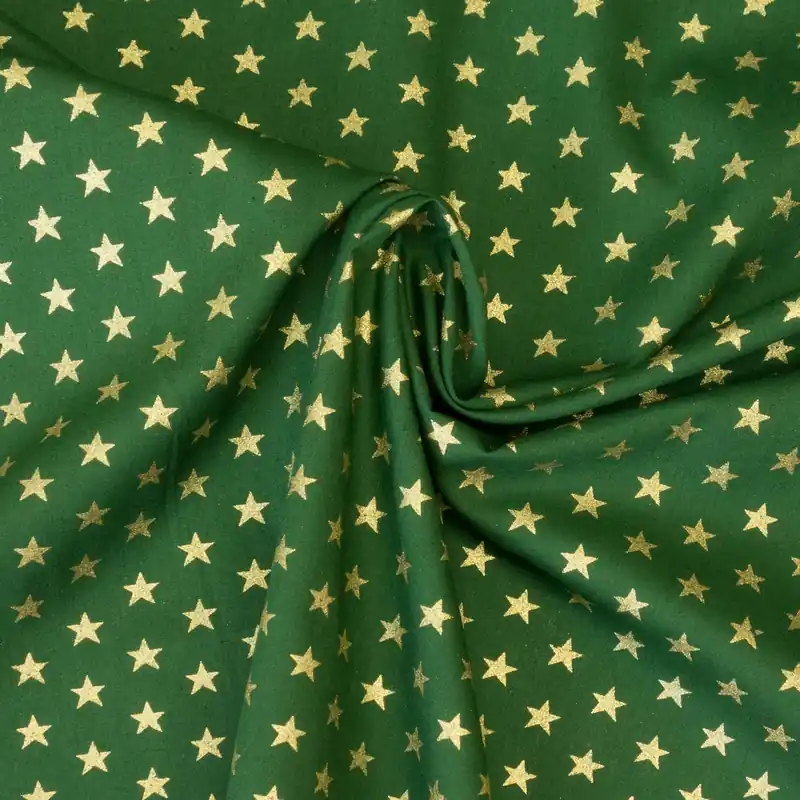 Meistverkauft Baumwollstoff, Popeline, dunkelgrün, gold, Glanzeffekt, Weihnachtsmotive