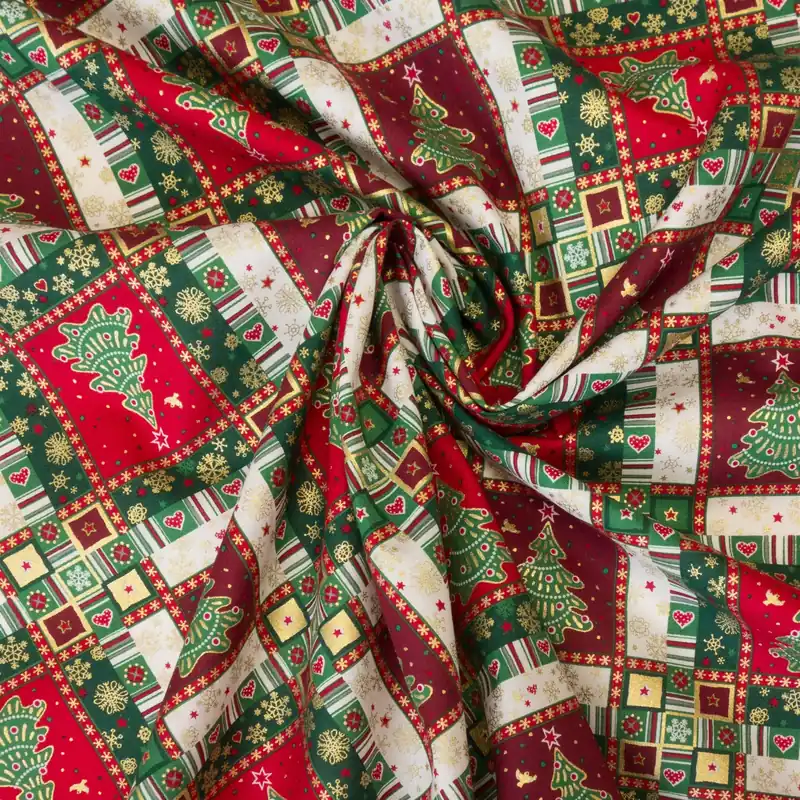 Solange Der Vorrat Reicht Baumwollstoff, Popeline, grün, rot, weiß, gold, Glanzeffekt, Weihnachtsmotive
