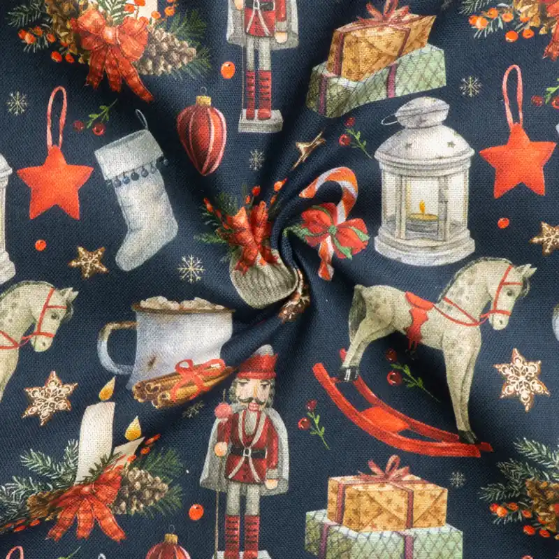 Dekostoff, Panama, dunkelblau, rot, offwhite, gelb, Weihnachtsmotive Kostenfreie Lieferung