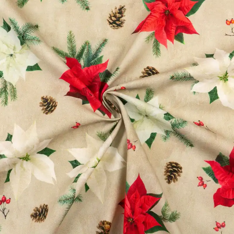 Premium Dekostoff, Panama, beigegrau, rot, grün, Weihnachtsmotive