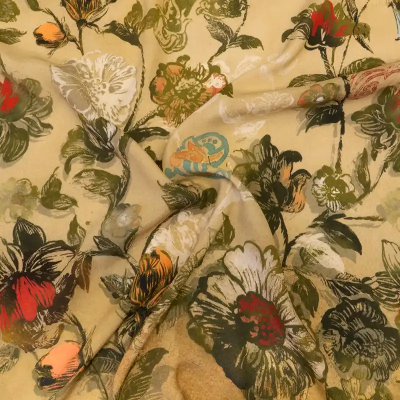 Viskosestoff, Crêpe, brauntöne, rottöne, türkis dunkel, florale Motive, Panneau Schneller Versand