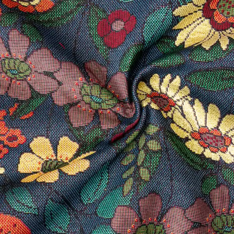 Preiswert Dekostoff, Gobelin, blau, grün, rottöne, gold, florale Motive, Glanzeffekt