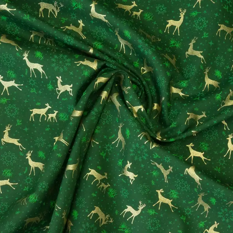 Solange Der Vorrat Reicht Baumwollstoff, Popeline, hellgrün, gold, dunkelgrün, Glanzeffekt, Weihnachtsmotive