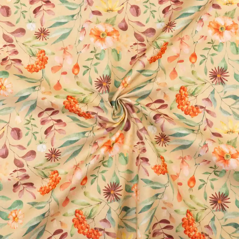 Weicher Baumwollstoff, Cretonne, terracotta, grüntöne, mauve, rotorange, florale Motive Heißes Angebot