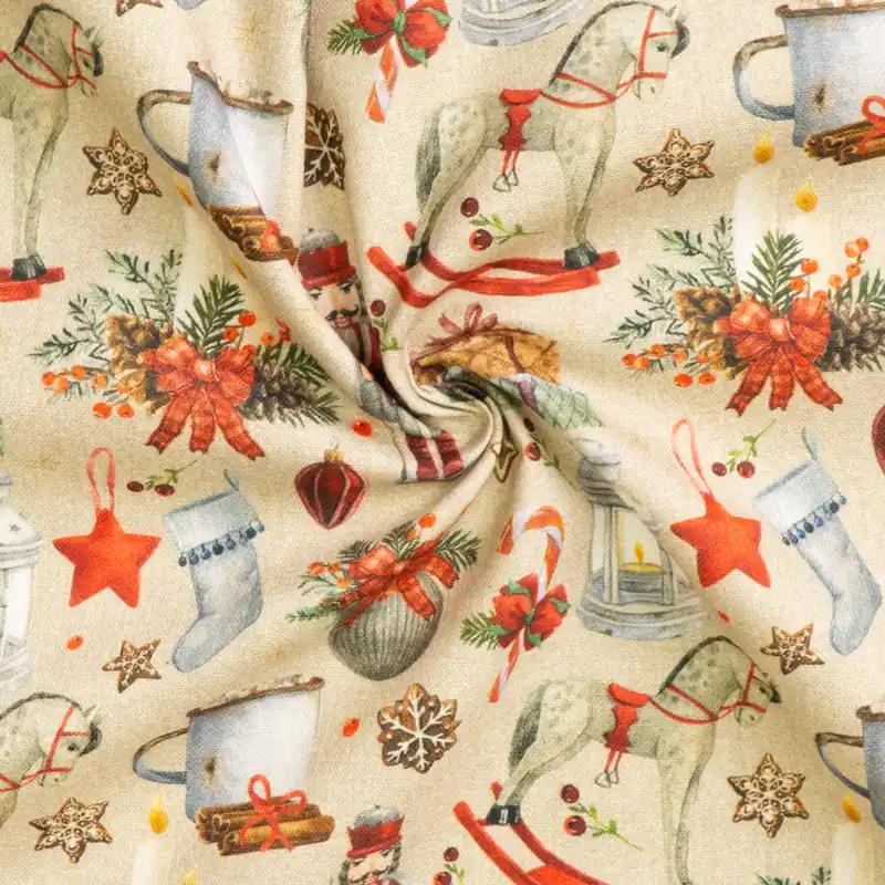 Direktkauf Dekostoff, Panama, beige, rot, offwhite, gelb, Weihnachtsmotive