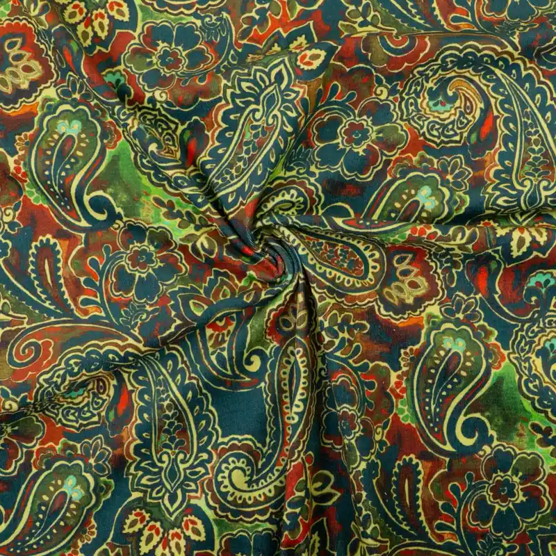 Top-Qualität Elastischer Cordstoff, dunkelblau, grüntöne, rottöne, Paisley-Muster
